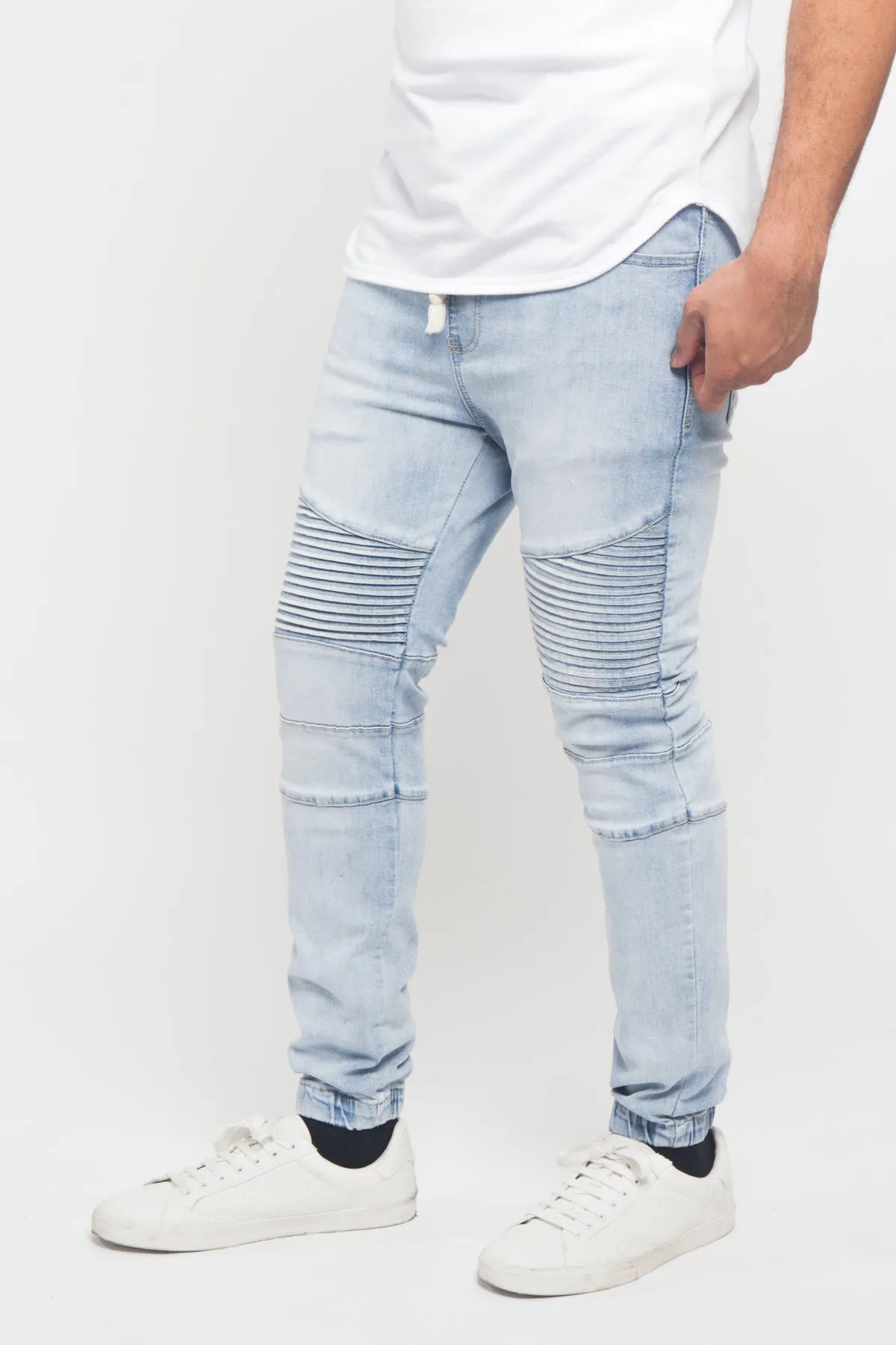 Acid Wash Biker Denim Jogger Pants