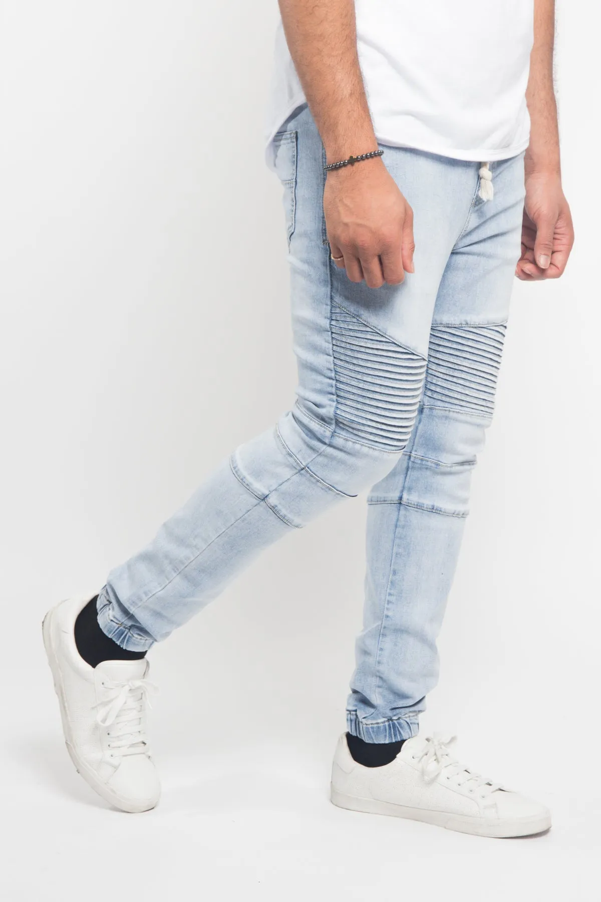 Acid Wash Biker Denim Jogger Pants