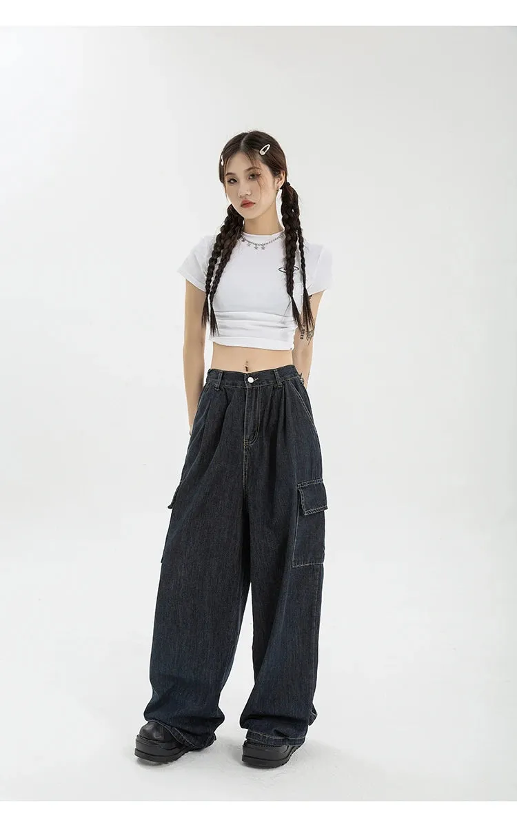 Aiertu Autumn Women Harajuku Cargo Baggy Blue Jeans Streetwear Hip Hop Oversize Casual Wide Leg Vintage Demin Pants Y2k Loose Trousers