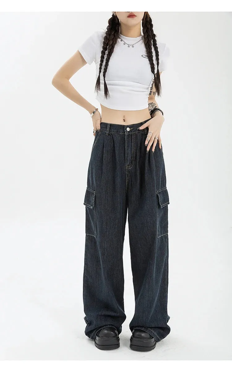 Aiertu Autumn Women Harajuku Cargo Baggy Blue Jeans Streetwear Hip Hop Oversize Casual Wide Leg Vintage Demin Pants Y2k Loose Trousers