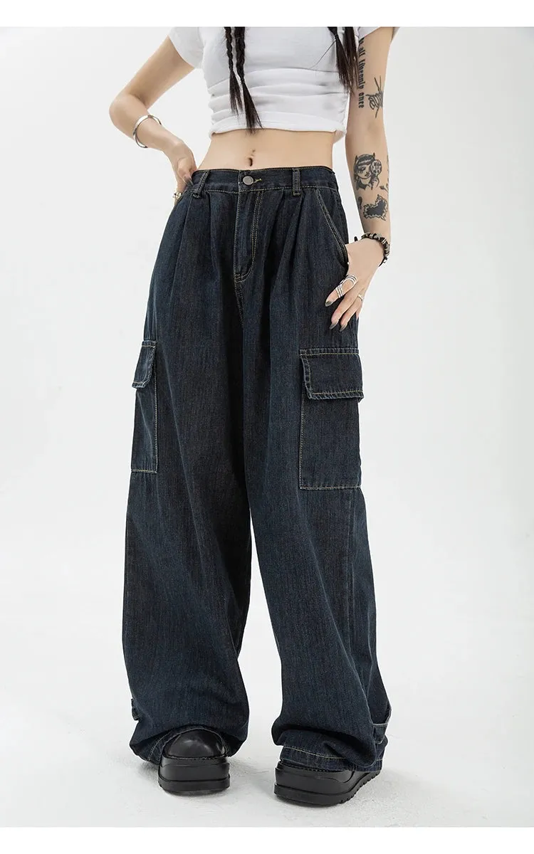 Aiertu Autumn Women Harajuku Cargo Baggy Blue Jeans Streetwear Hip Hop Oversize Casual Wide Leg Vintage Demin Pants Y2k Loose Trousers