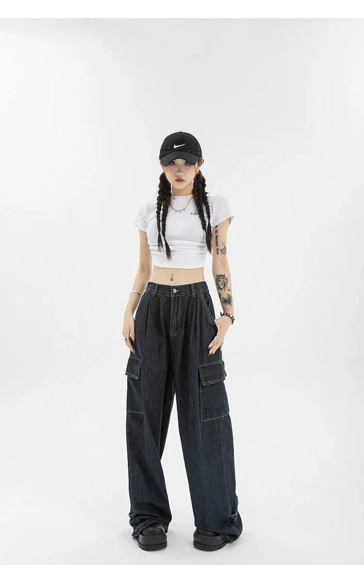 Aiertu Autumn Women Harajuku Cargo Baggy Blue Jeans Streetwear Hip Hop Oversize Casual Wide Leg Vintage Demin Pants Y2k Loose Trousers