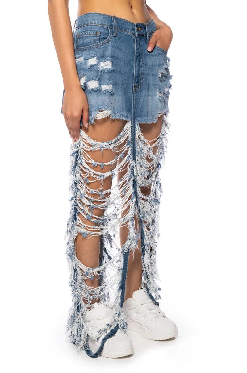 ALWAYS NOTICED SHREDDED DENIM MAXI SKIRT