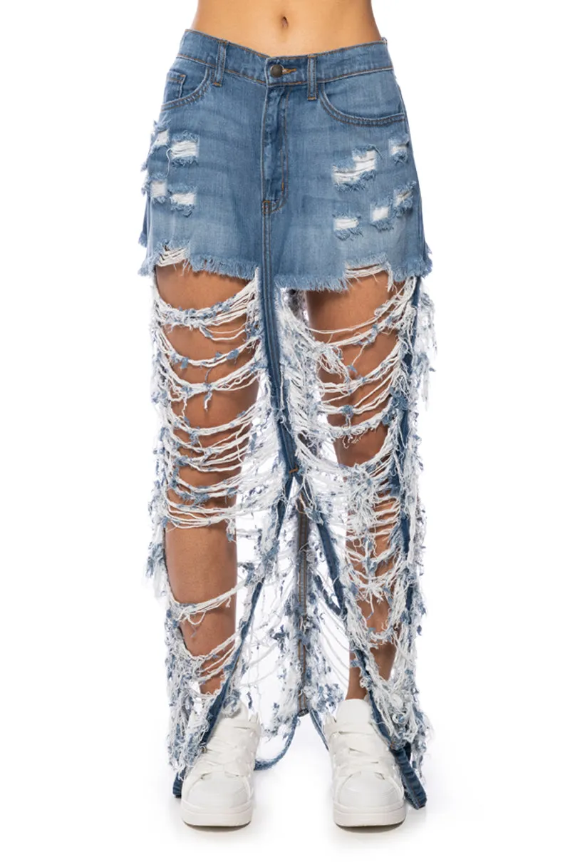 ALWAYS NOTICED SHREDDED DENIM MAXI SKIRT