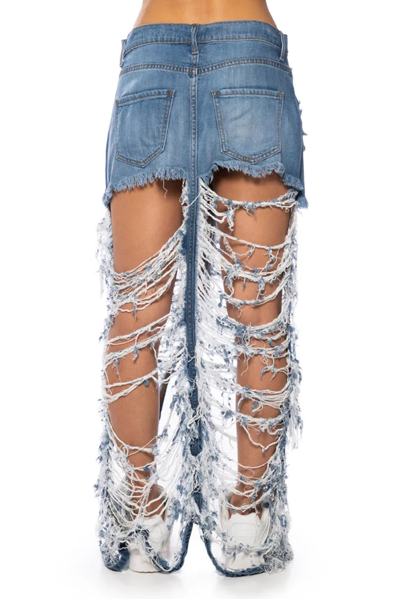 ALWAYS NOTICED SHREDDED DENIM MAXI SKIRT