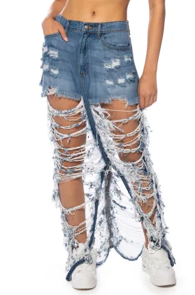 ALWAYS NOTICED SHREDDED DENIM MAXI SKIRT