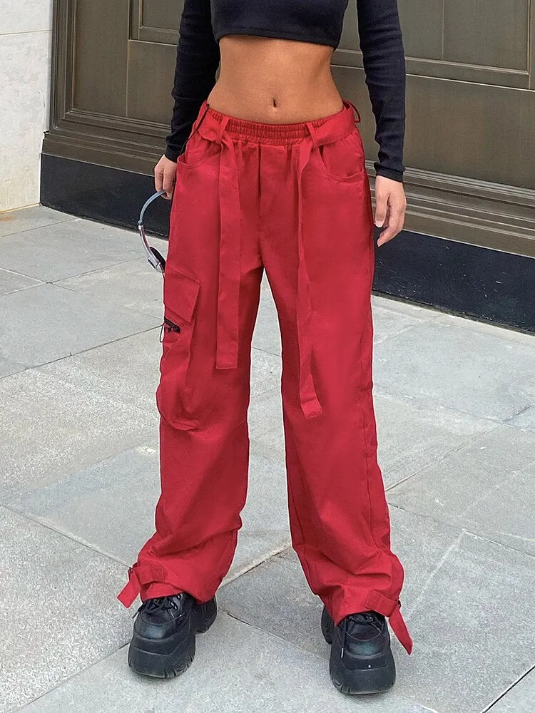 Ashore Shop Tie Up Low Rise Cargo Pants 100% Cotton Women Streetwear Red Cool Baggy Wide Leg Casual Pants Pocket y2k Trousers Ladies