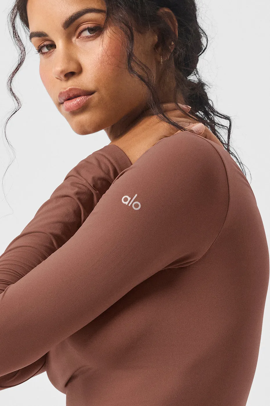 Asymmetric Sheer Glow Long Sleeve - Chestnut