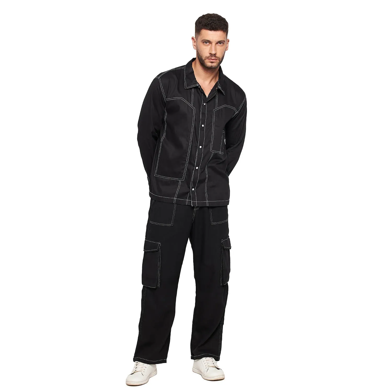 Black Contrast Stitch Carpenter Shirt and Cargo Pants Clothing Set