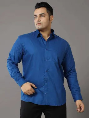 Blue Solid Pure Cotton Shirt Men's Plus Size