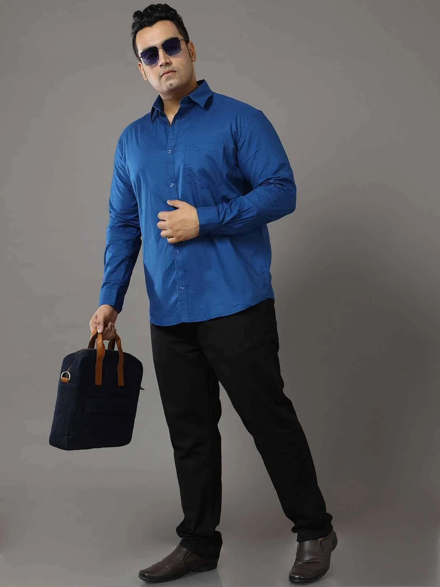 Blue Solid Pure Cotton Shirt Men's Plus Size