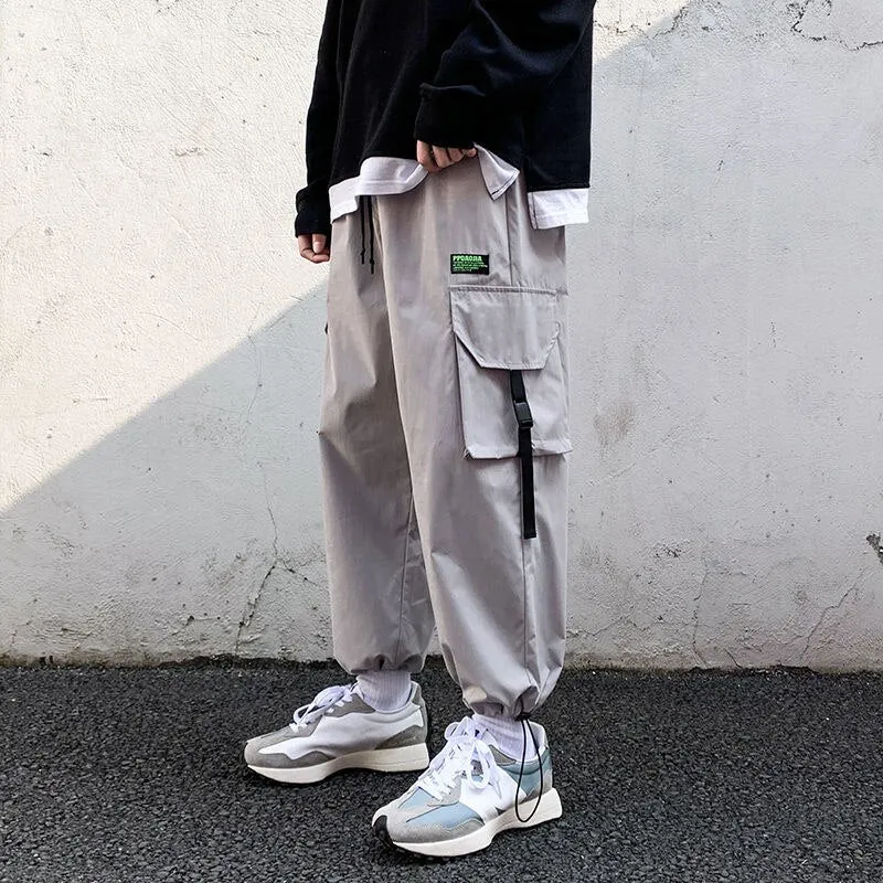 Bonsir Big Pocket Men Cargo Pants Drawstring Fashion Japanese Style Male Trousers Oversize Casual Elastic Waist Streetwear