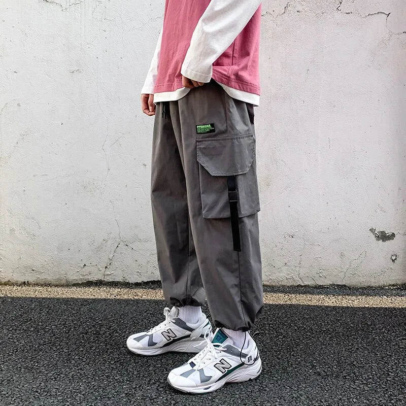 Bonsir Big Pocket Men Cargo Pants Drawstring Fashion Japanese Style Male Trousers Oversize Casual Elastic Waist Streetwear