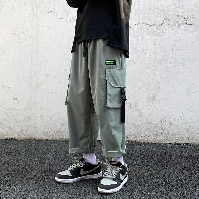 Bonsir Big Pocket Men Cargo Pants Drawstring Fashion Japanese Style Male Trousers Oversize Casual Elastic Waist Streetwear