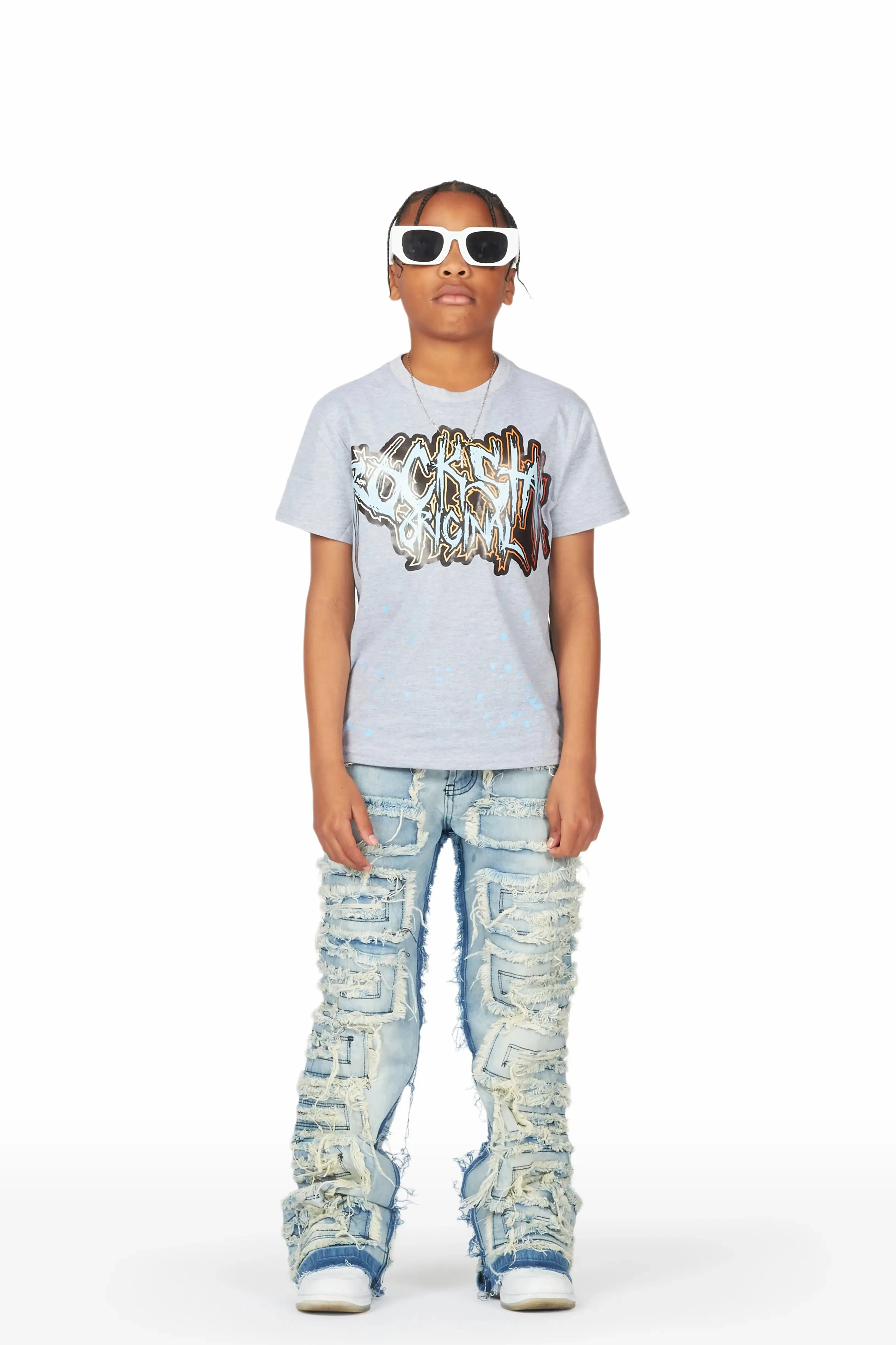 Boys Jafari Grey/Blue T-Shirt/Stacked Flare Jean Set