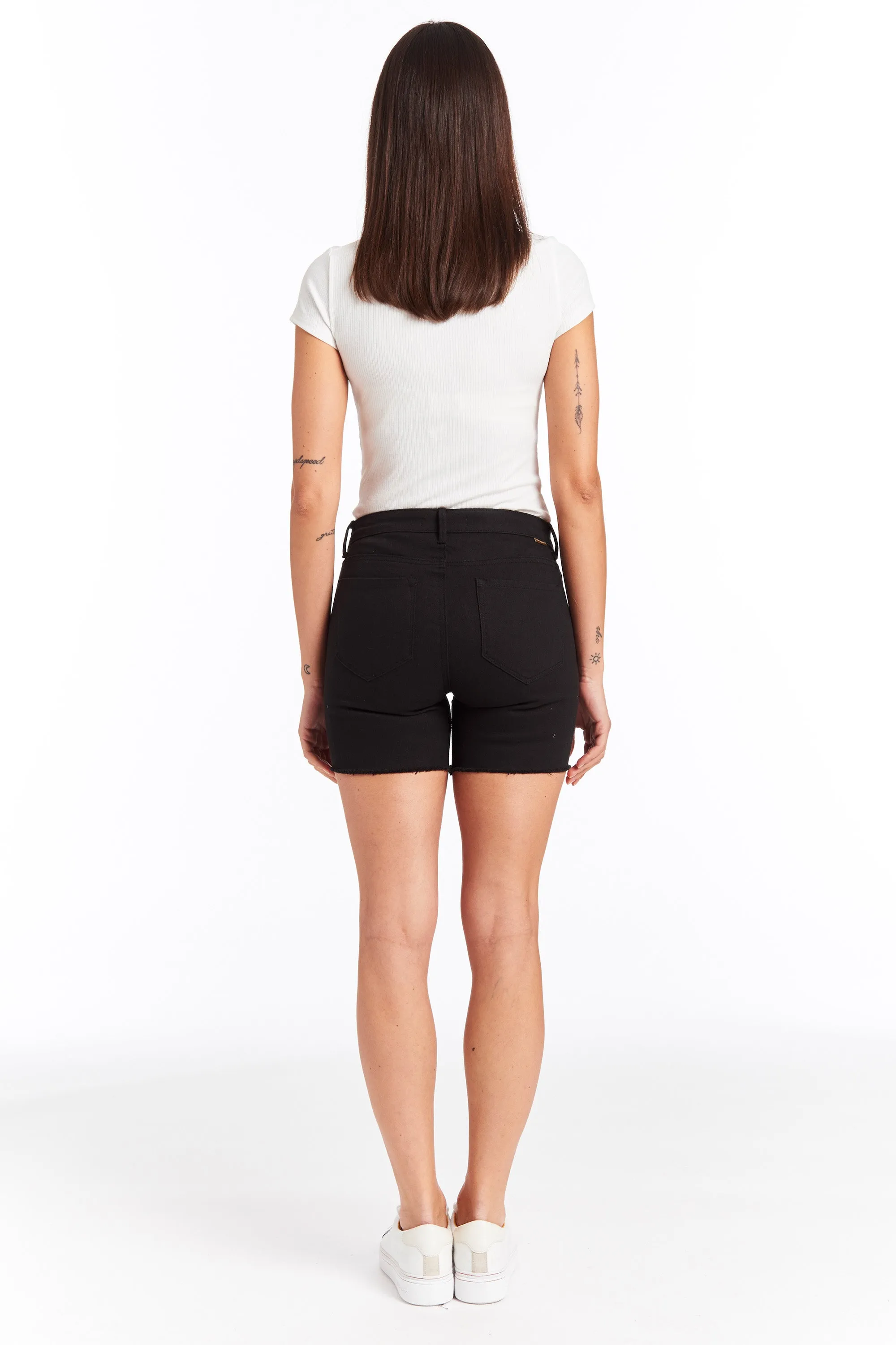 Camille - High Rise Long Denim Short With Fray Hem In Black