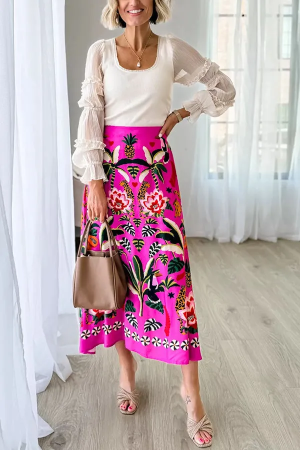 Creative Tropical Rainforest Unique Print High Rise Midi Skirt