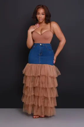 Deny Me This Ruffled Denim Maxi Skirt - Dark Wash/Mocha