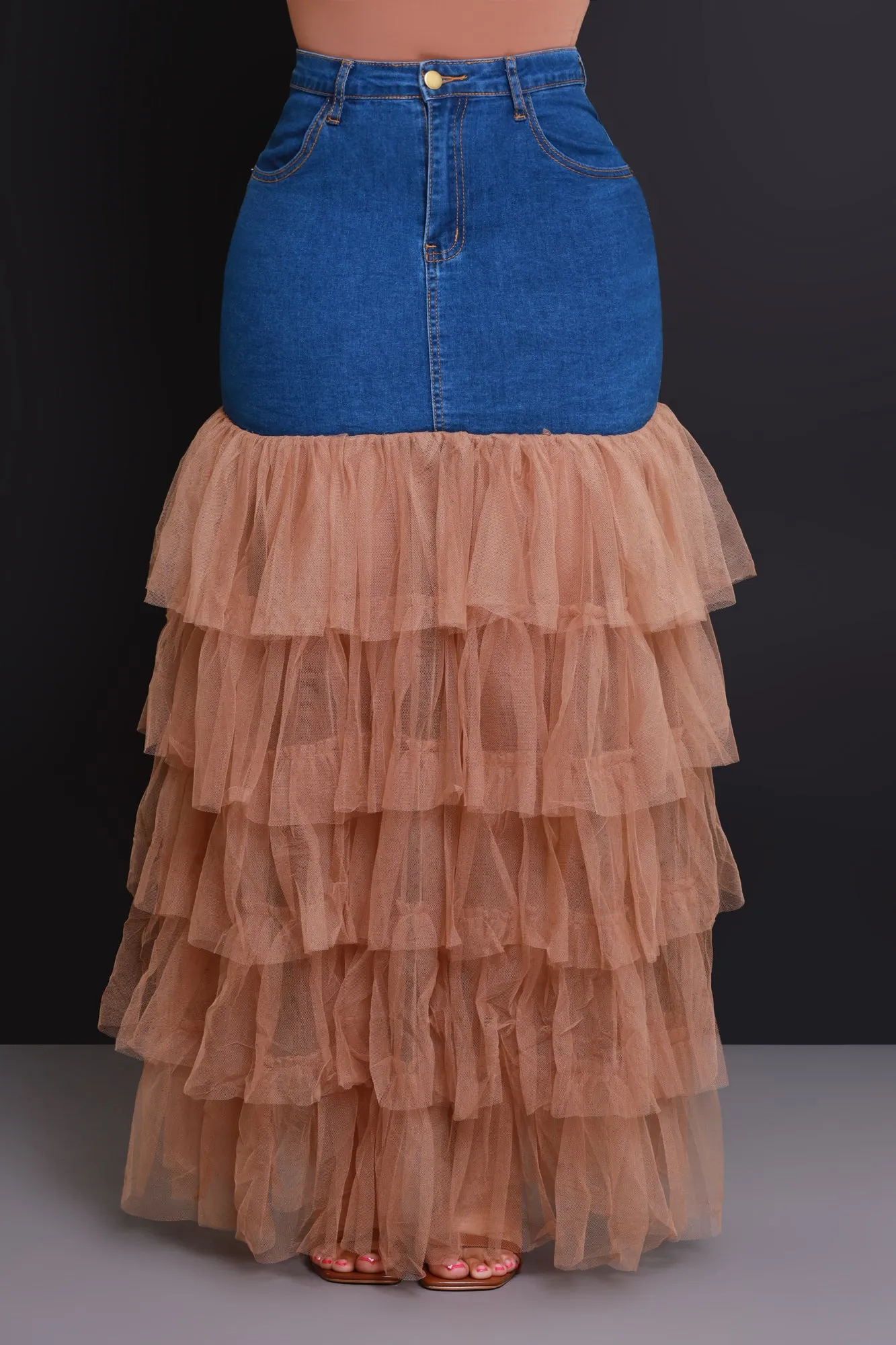 Deny Me This Ruffled Denim Maxi Skirt - Dark Wash/Mocha