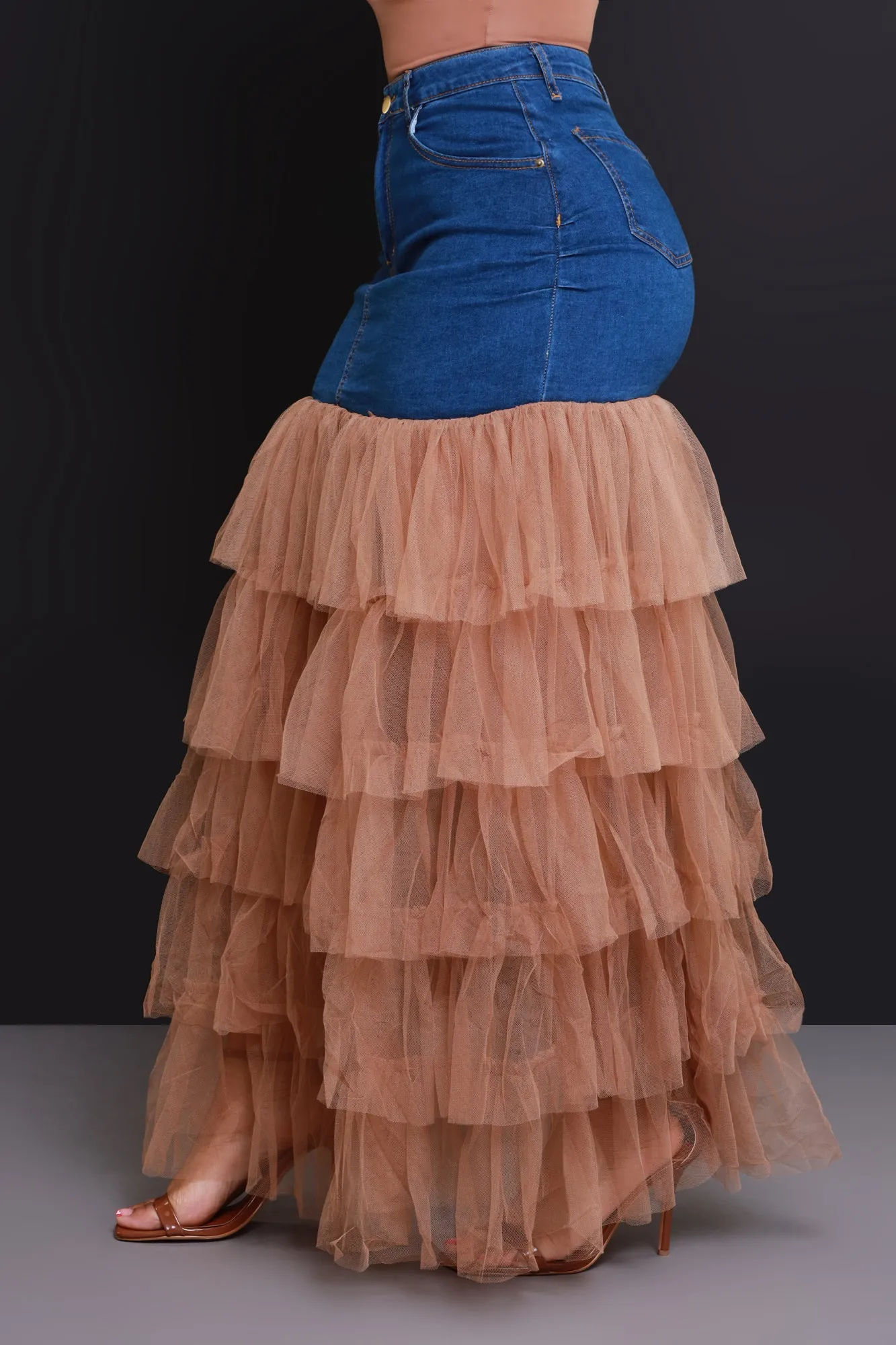 Deny Me This Ruffled Denim Maxi Skirt - Dark Wash/Mocha