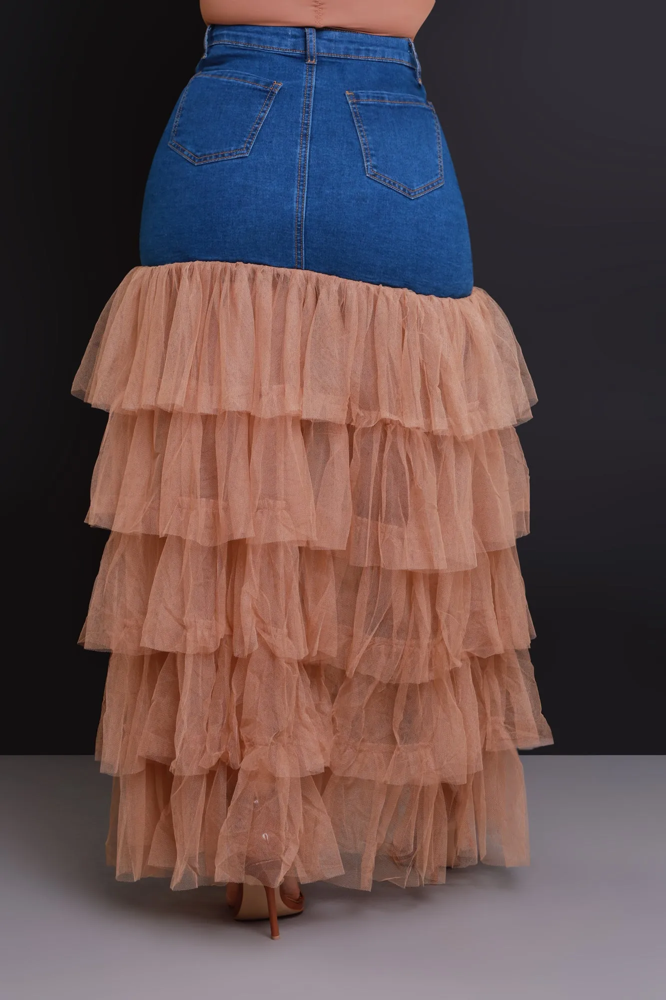 Deny Me This Ruffled Denim Maxi Skirt - Dark Wash/Mocha