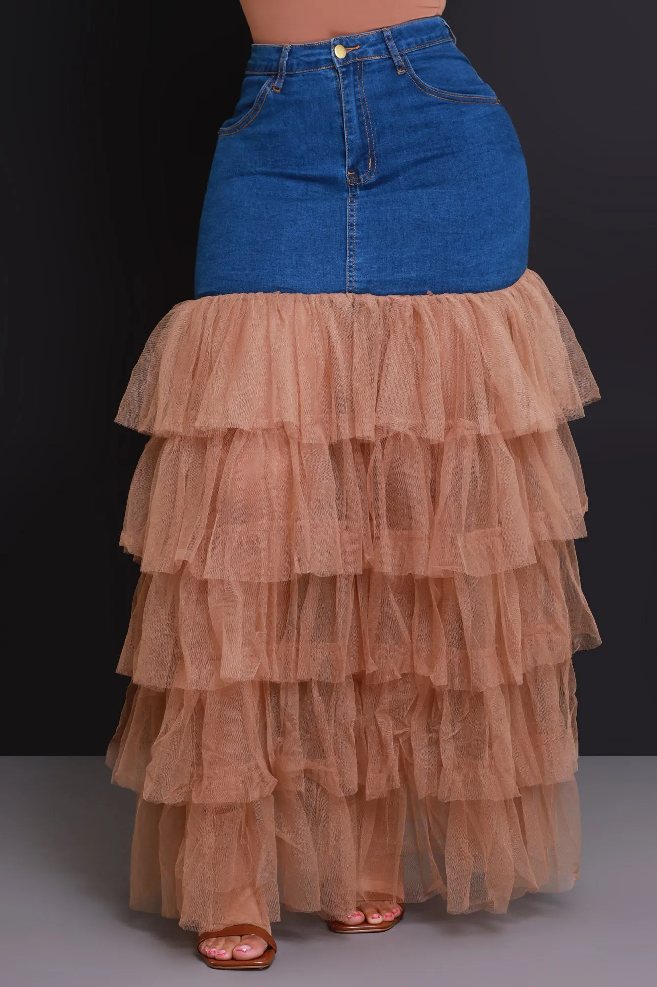 Deny Me This Ruffled Denim Maxi Skirt - Dark Wash/Mocha