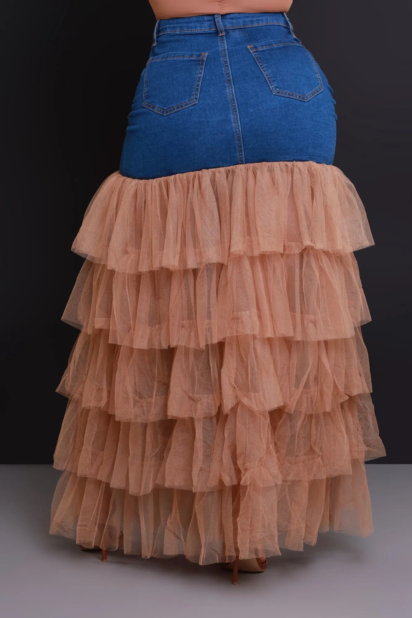 Deny Me This Ruffled Denim Maxi Skirt - Dark Wash/Mocha