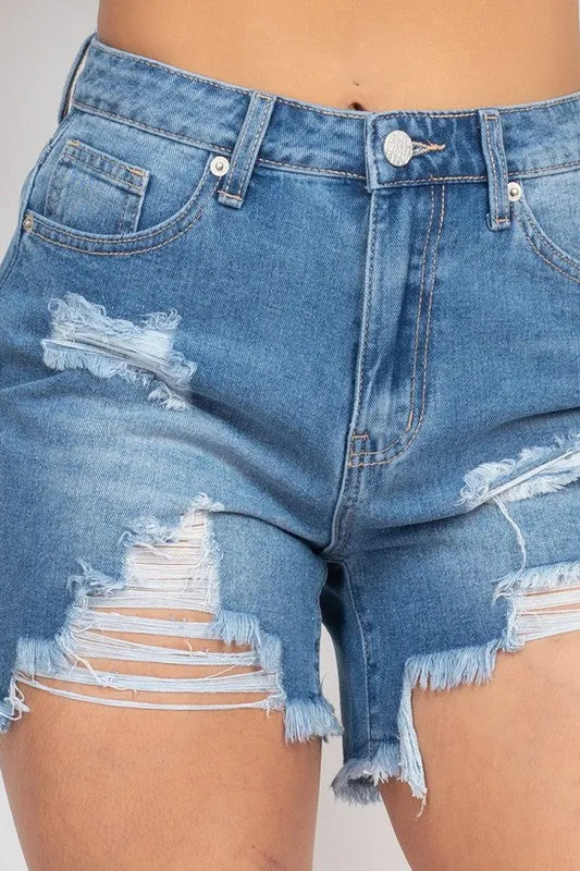 Destroyed Frayed Hem Denim Shorts