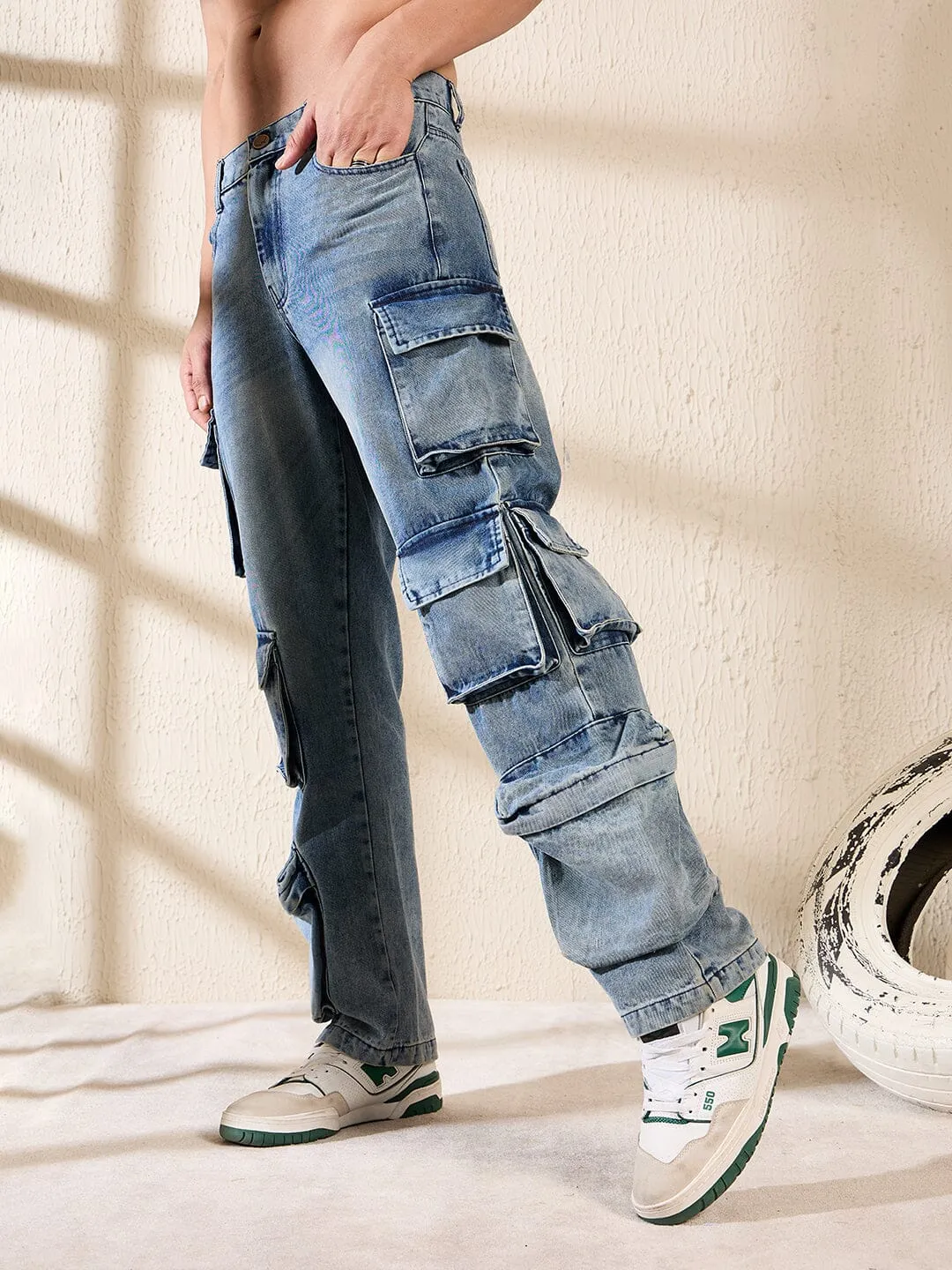 Dusty Blue Multi Pocket Cargo Denim