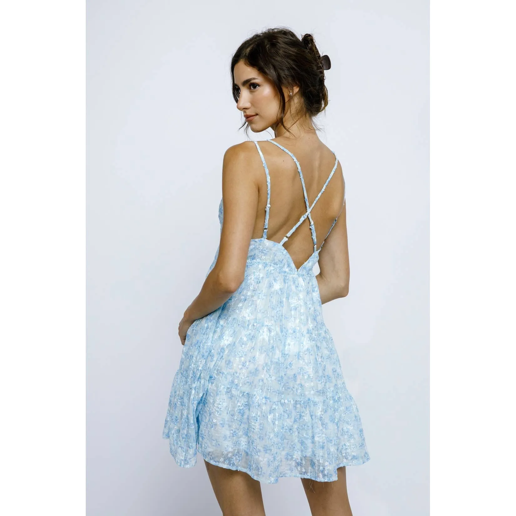 EMBROIDERED STARS AND FLORAL DYE MINI DRESS : WHITE BLUE FLORAL