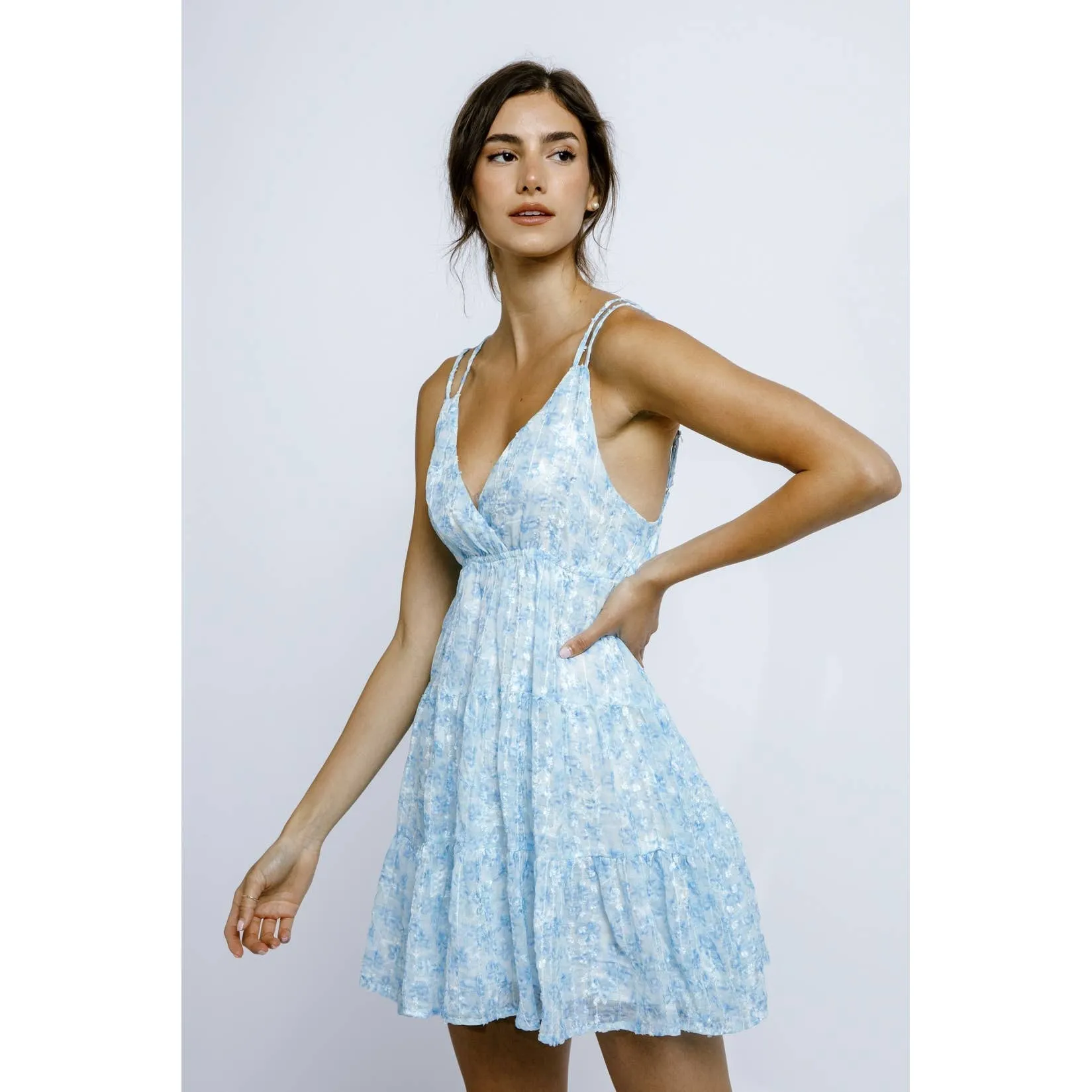 EMBROIDERED STARS AND FLORAL DYE MINI DRESS : WHITE BLUE FLORAL