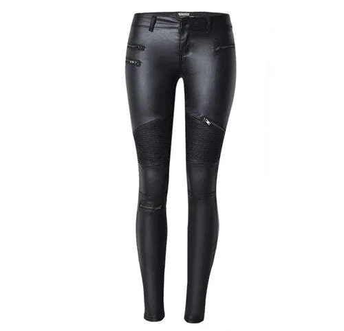 Fashionable Sexy Women's Low Waist Leather Leggings For Motorcycle Riding