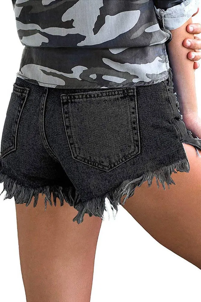 Frayed Denim Shorts - Black