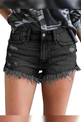 Frayed Denim Shorts - Black