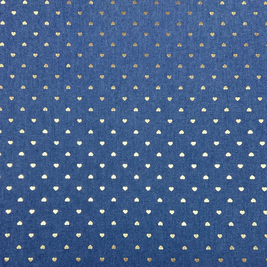 Gold Foil Hearts Chambray Denim Fabric