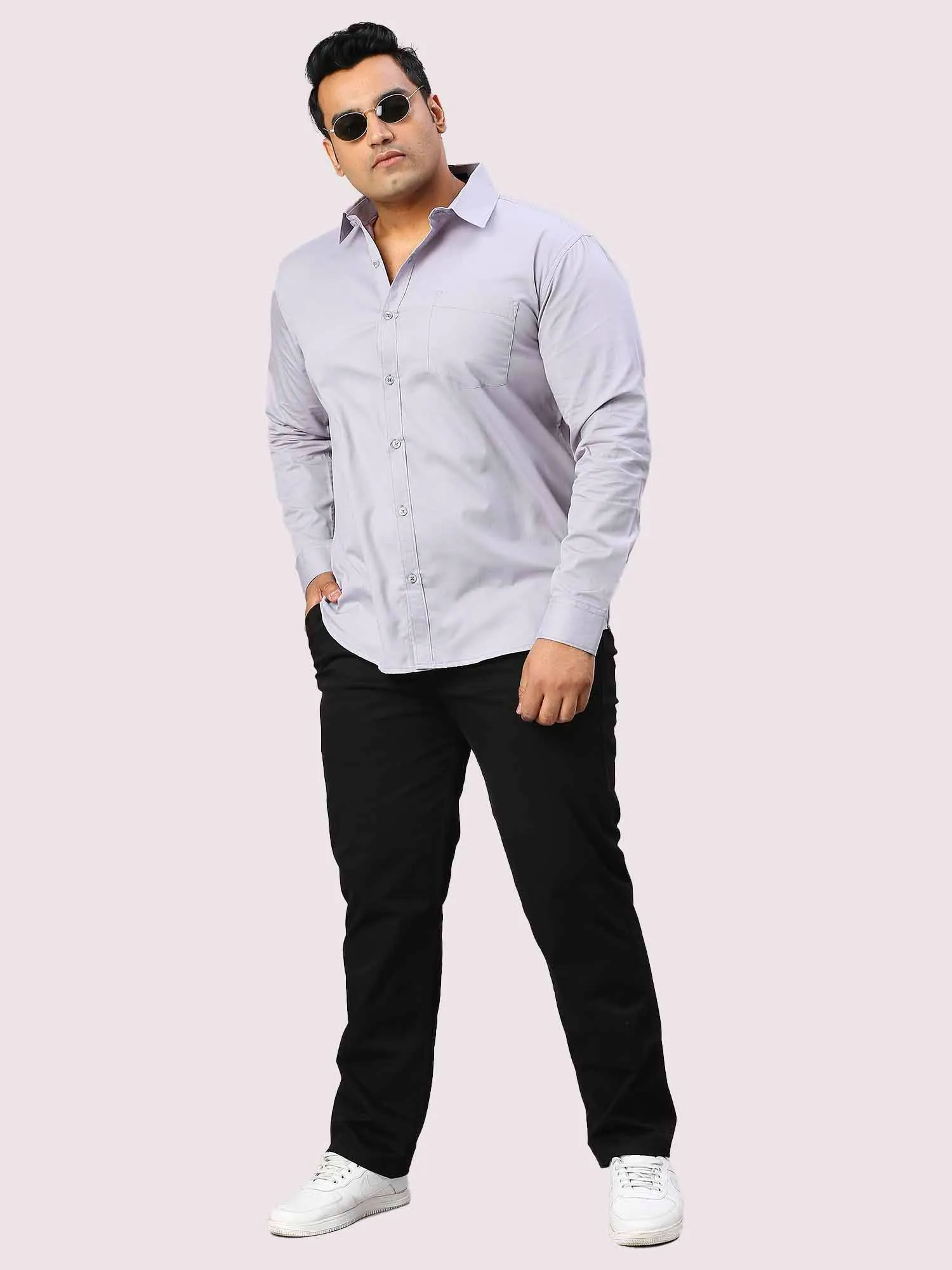 Grey Solid Pure Cotton Full Sleeve Shirt Men's Plus Size