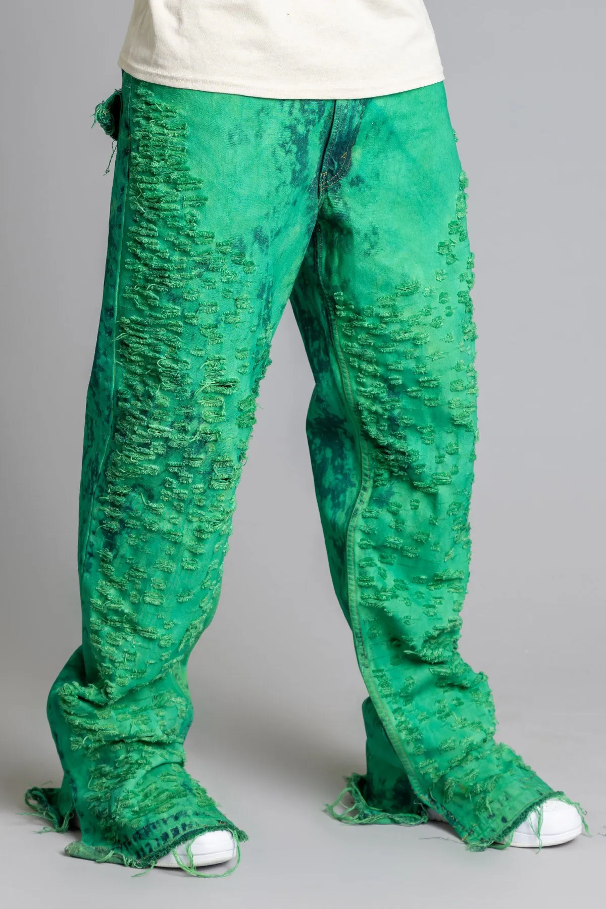 GUYS GREEN DYED SHREDDED DENIM