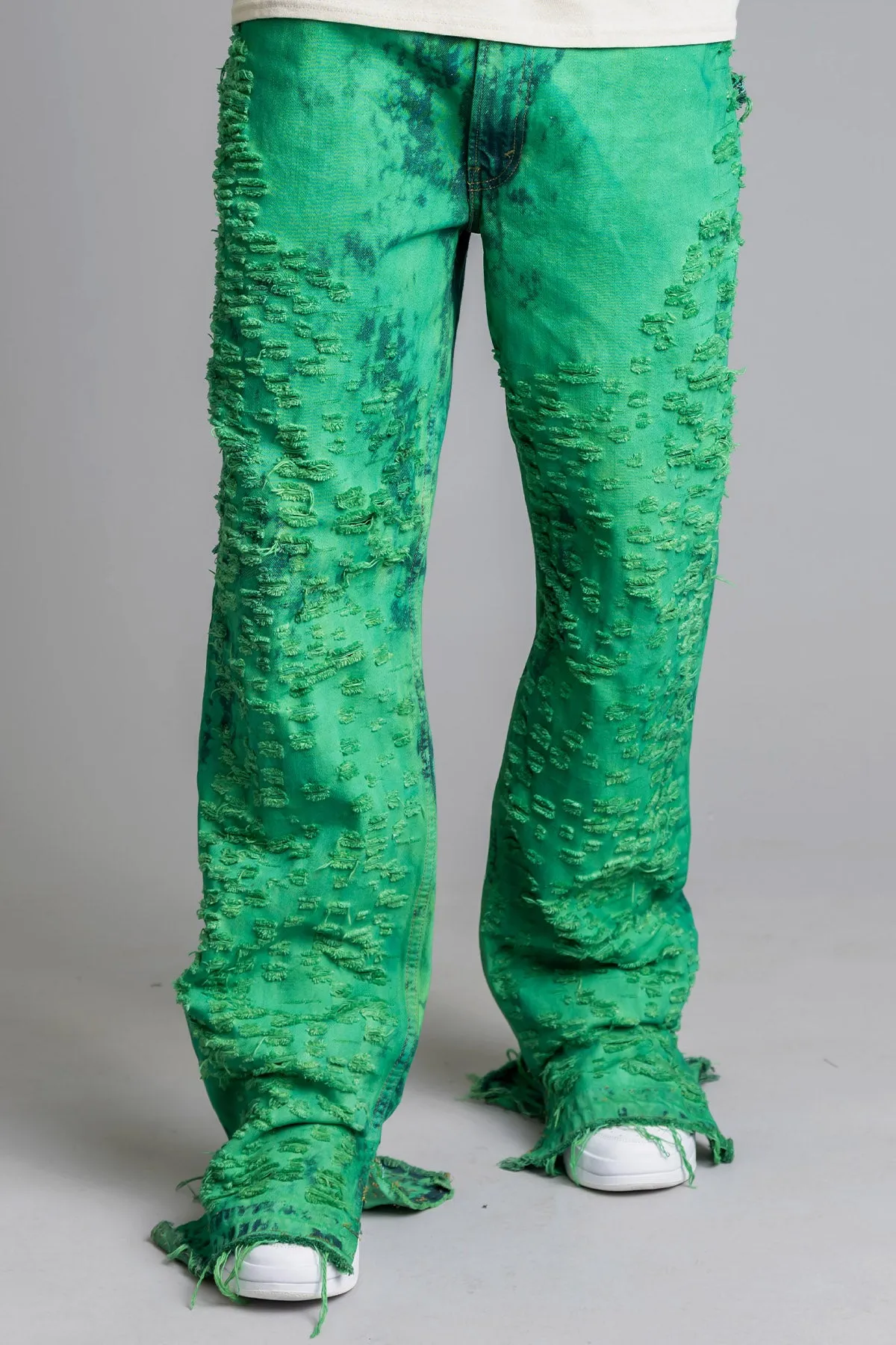 GUYS GREEN DYED SHREDDED DENIM