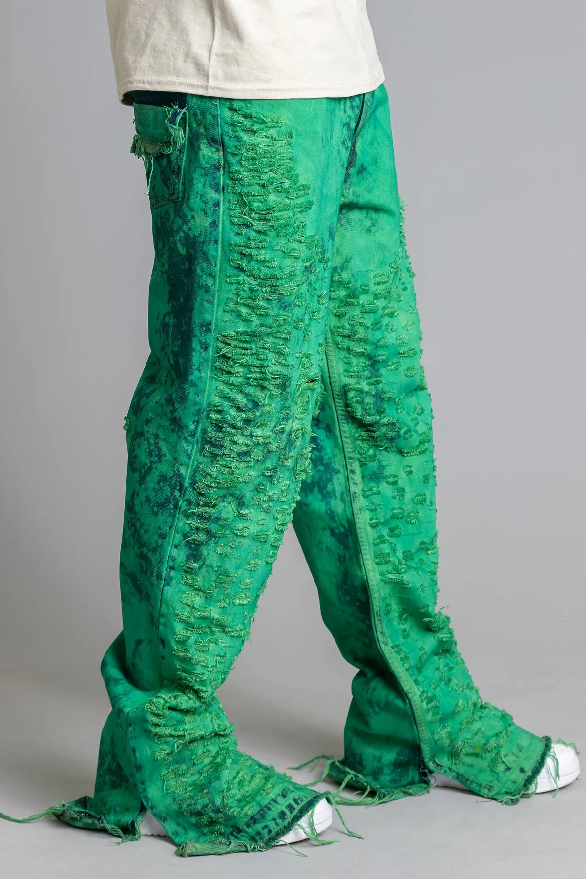 GUYS GREEN DYED SHREDDED DENIM