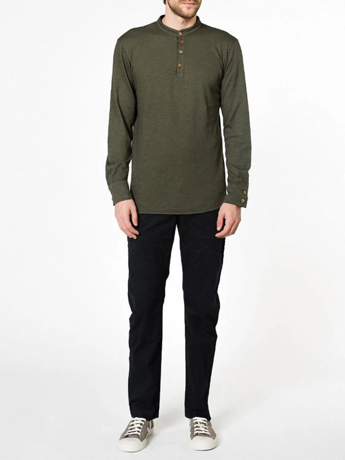 Henley Organic Cotton Slub Long Sleeve T-shirt Khaki