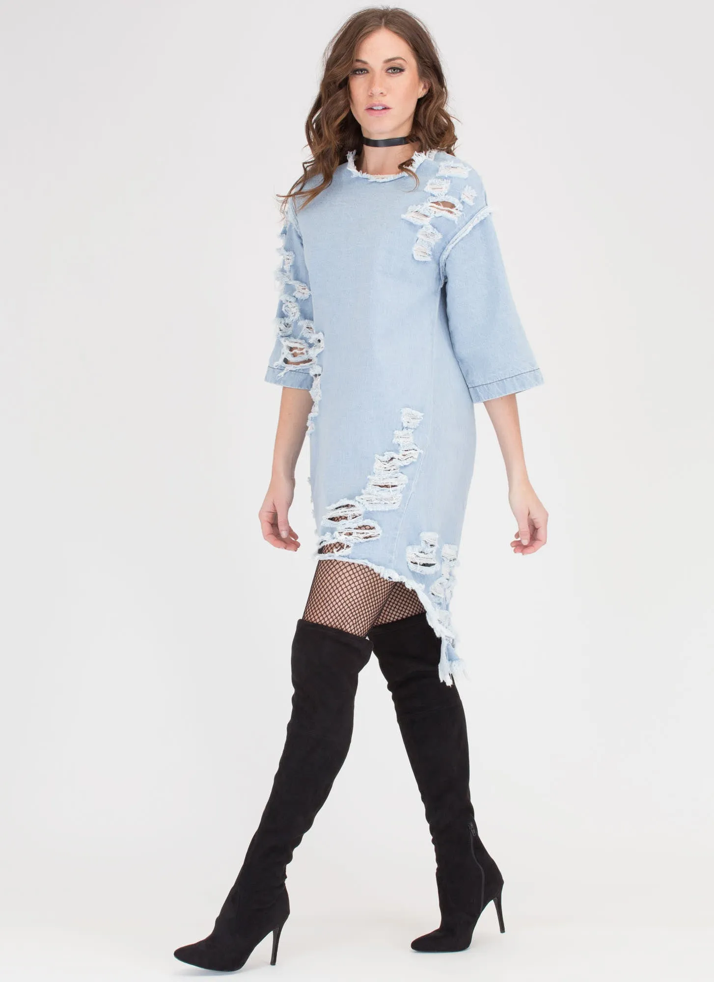 Jean Chaser Distressed High-Low Dress