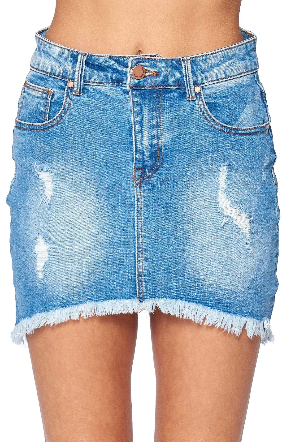 Khanomak Women's Casual Fray Peacock Hem Distress Denim Mini Skirt