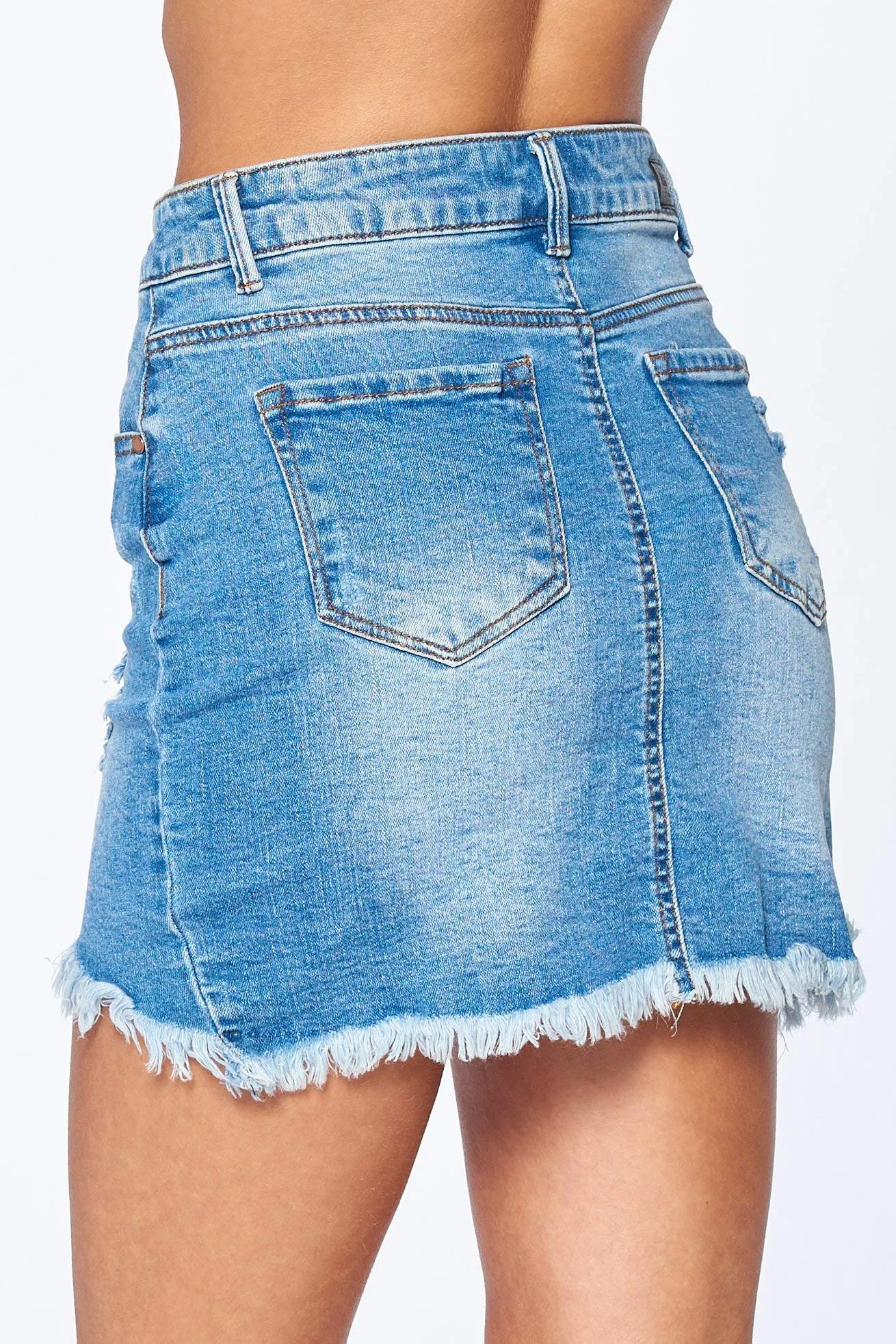 Khanomak Women's Casual Fray Peacock Hem Distress Denim Mini Skirt