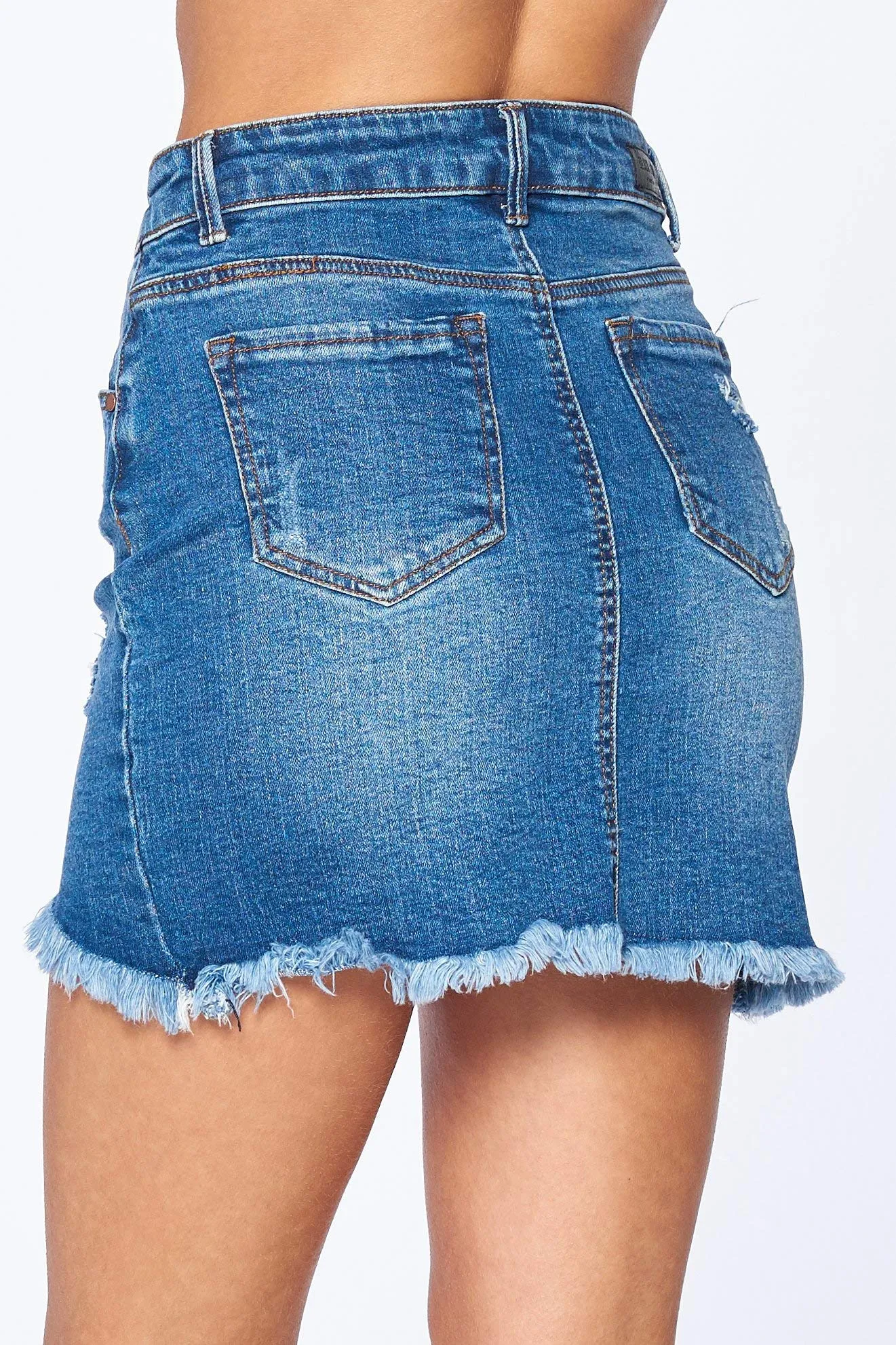 Khanomak Women's Casual Fray Peacock Hem Distress Denim Mini Skirt