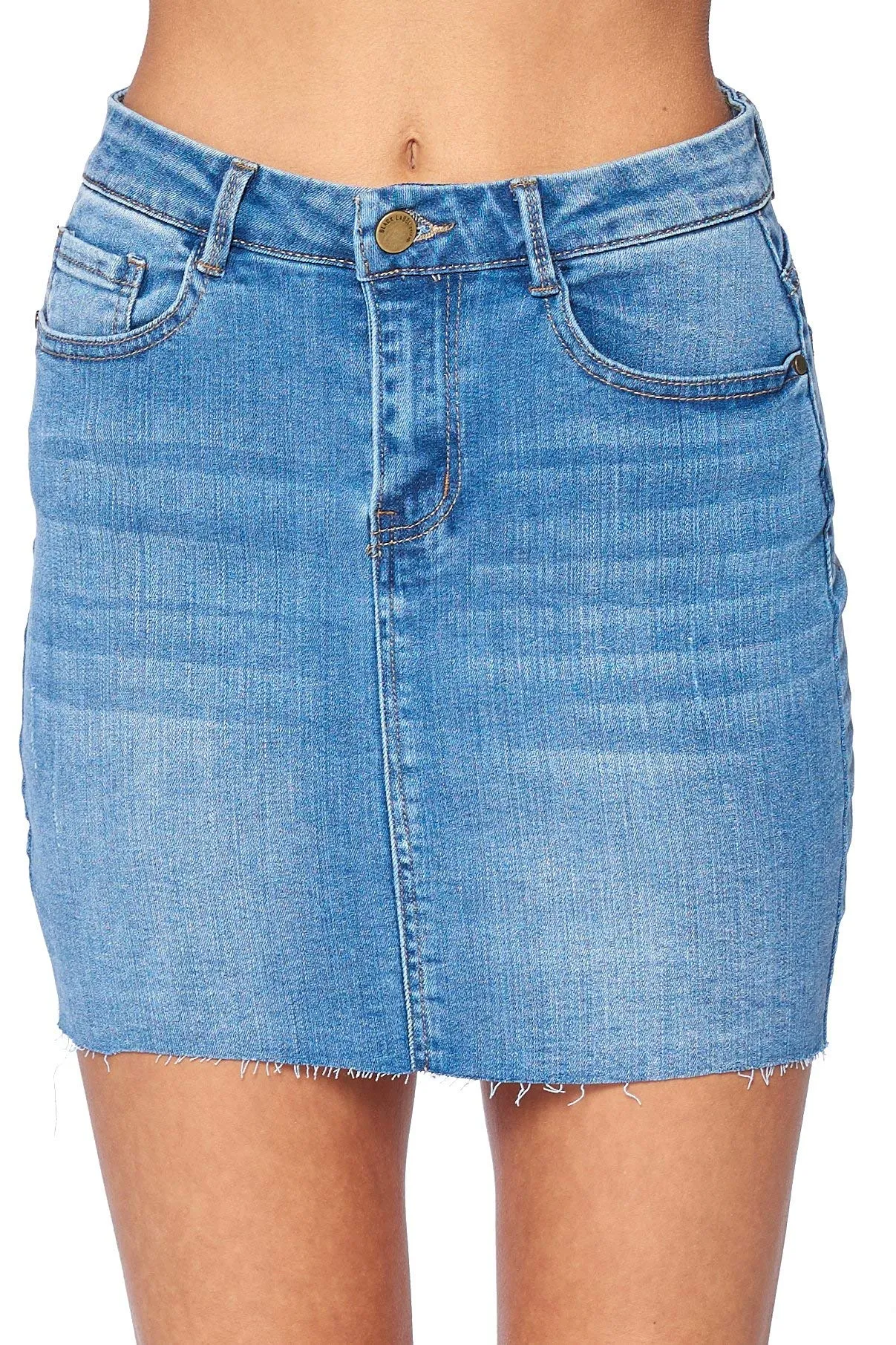 Khanomak Women's High Waist 5 Pocket Classic Raw Cut Hem Denim Mini Skirt