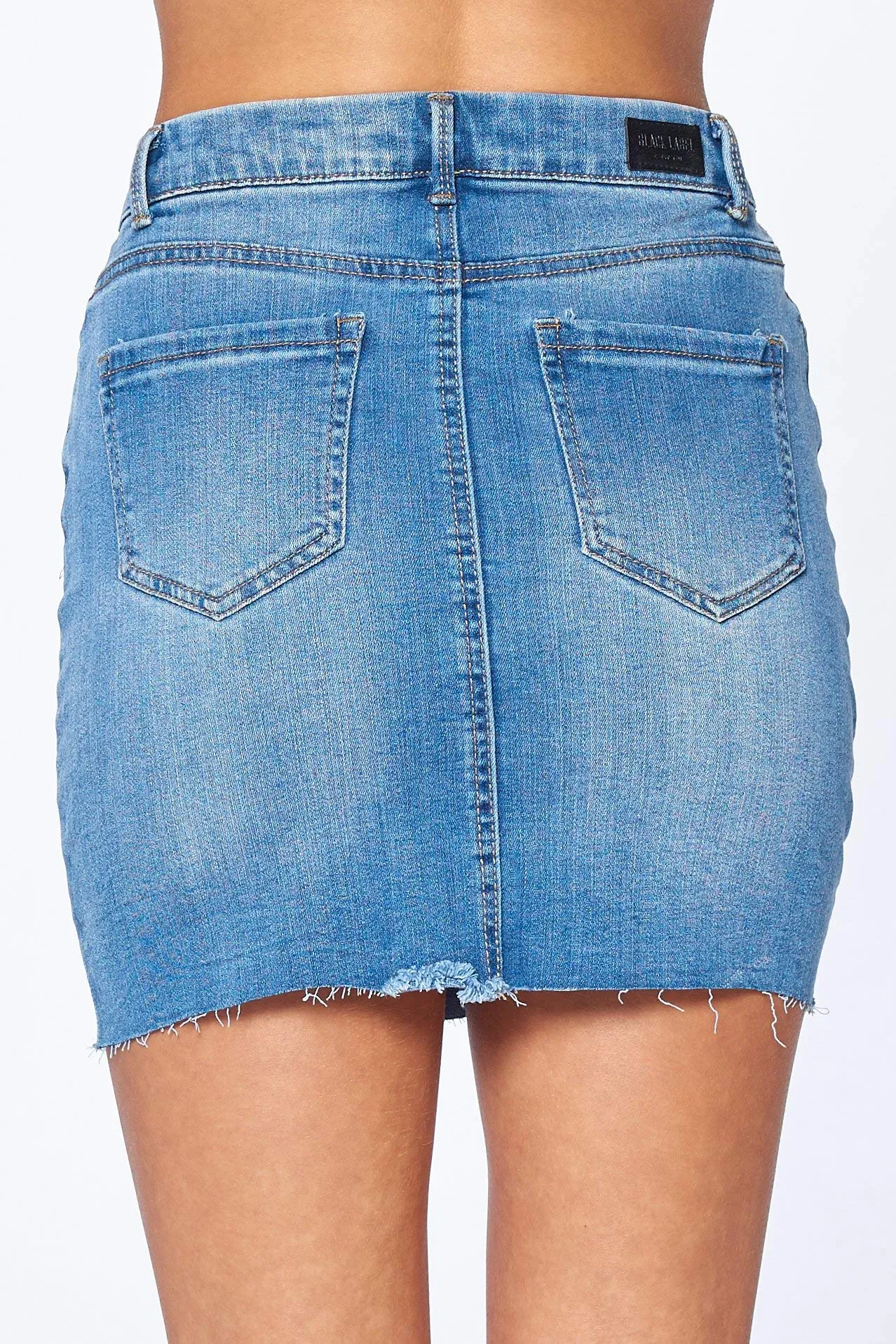 Khanomak Women's High Waist 5 Pocket Classic Raw Cut Hem Denim Mini Skirt