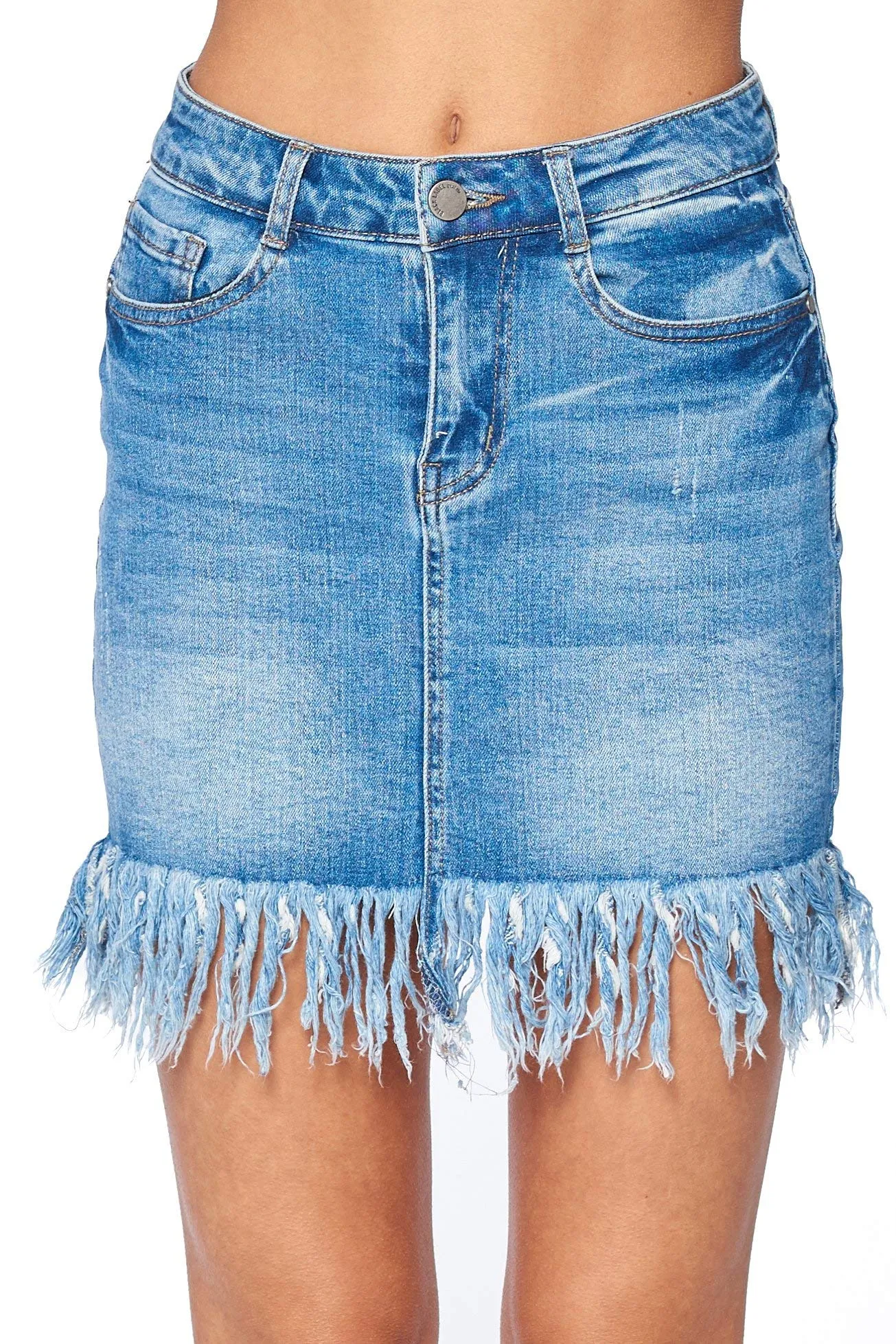 Khanomak Women's High Waist Fray Hem Button Down A-Line Denim Mini Skirt