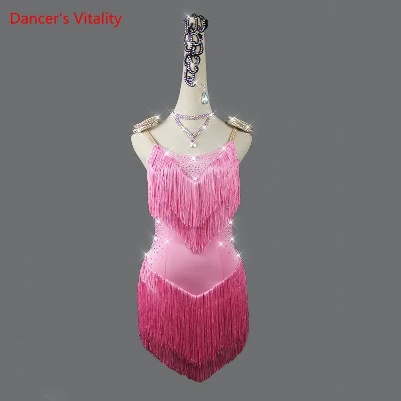 Latin Dance Dress Sling fringe Skirt Diamond Competition Clothing High-End Custom Adult Child Professional Performance Clothes