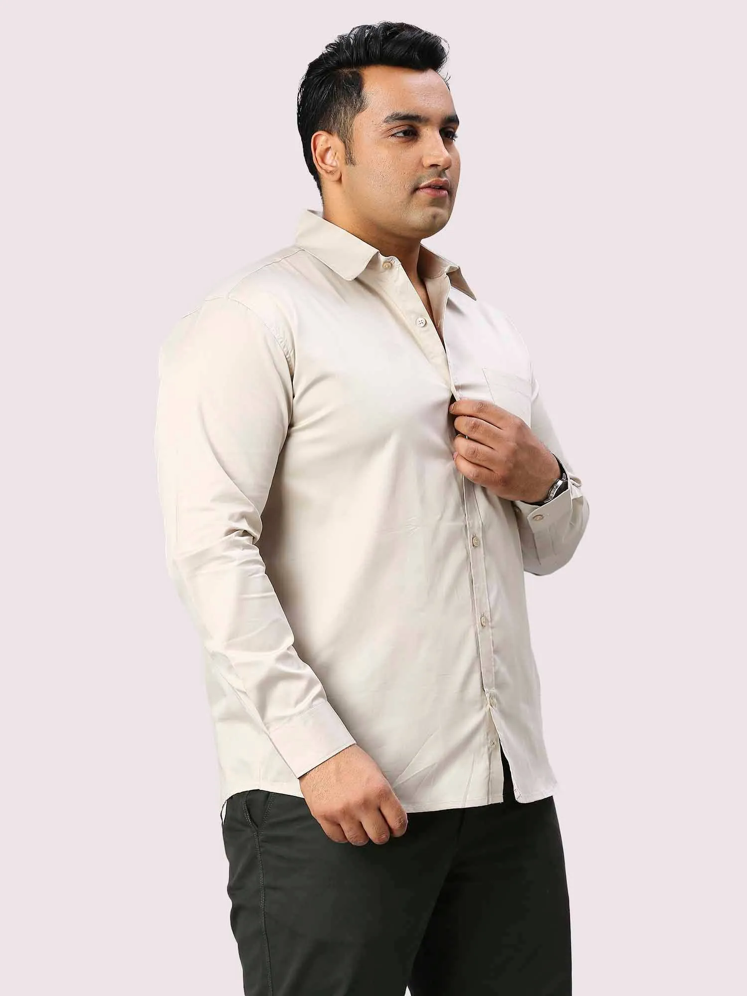 Light Cream Pure Cotton Full Sleeve Shirt Men's Plus Size