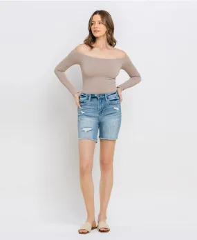 London High Rise Midi Denim Shorts